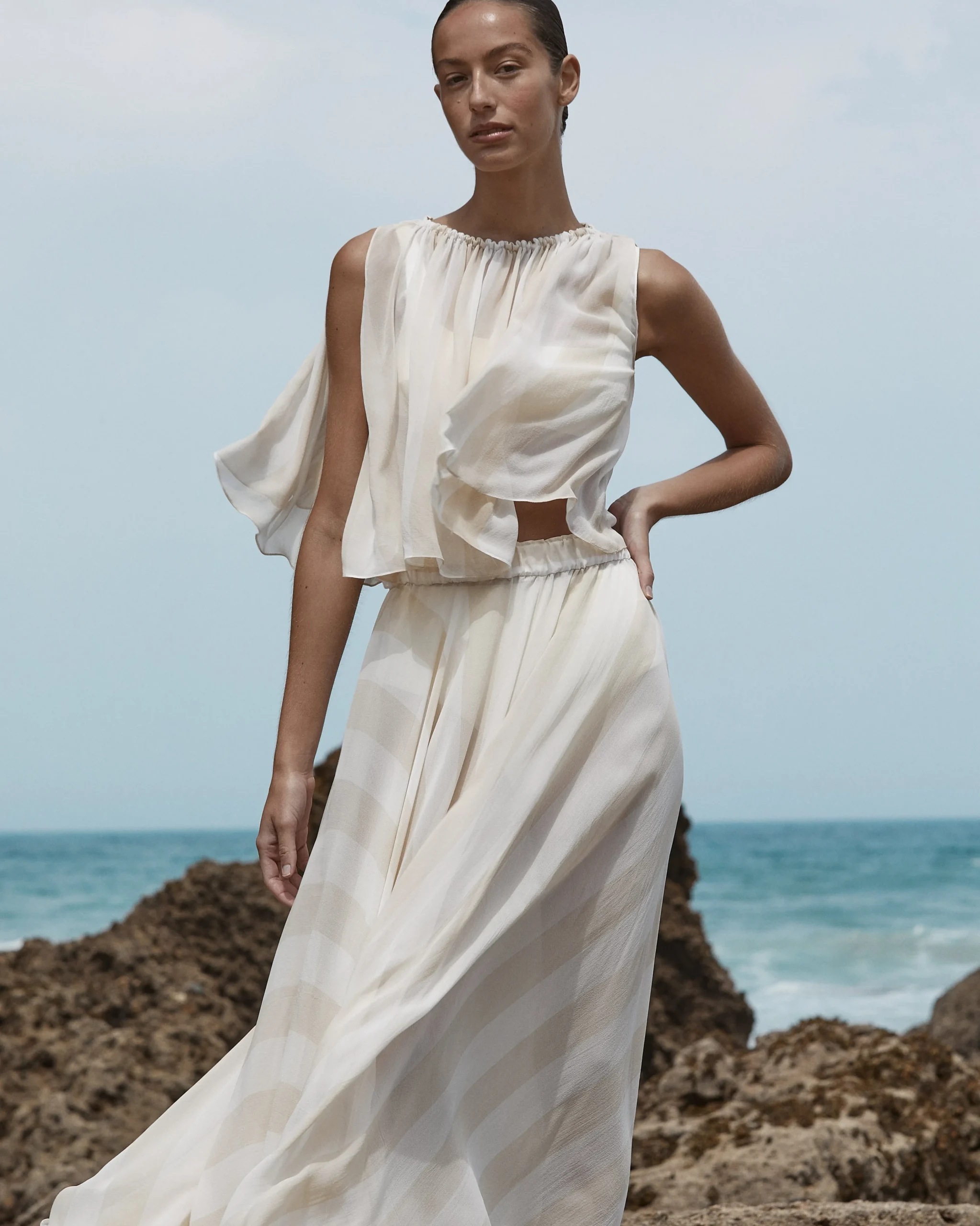 BONDI BORN Tops|Matching Separates*Capri Silk Gathered Top - Ecru Stripe ecru-stripe