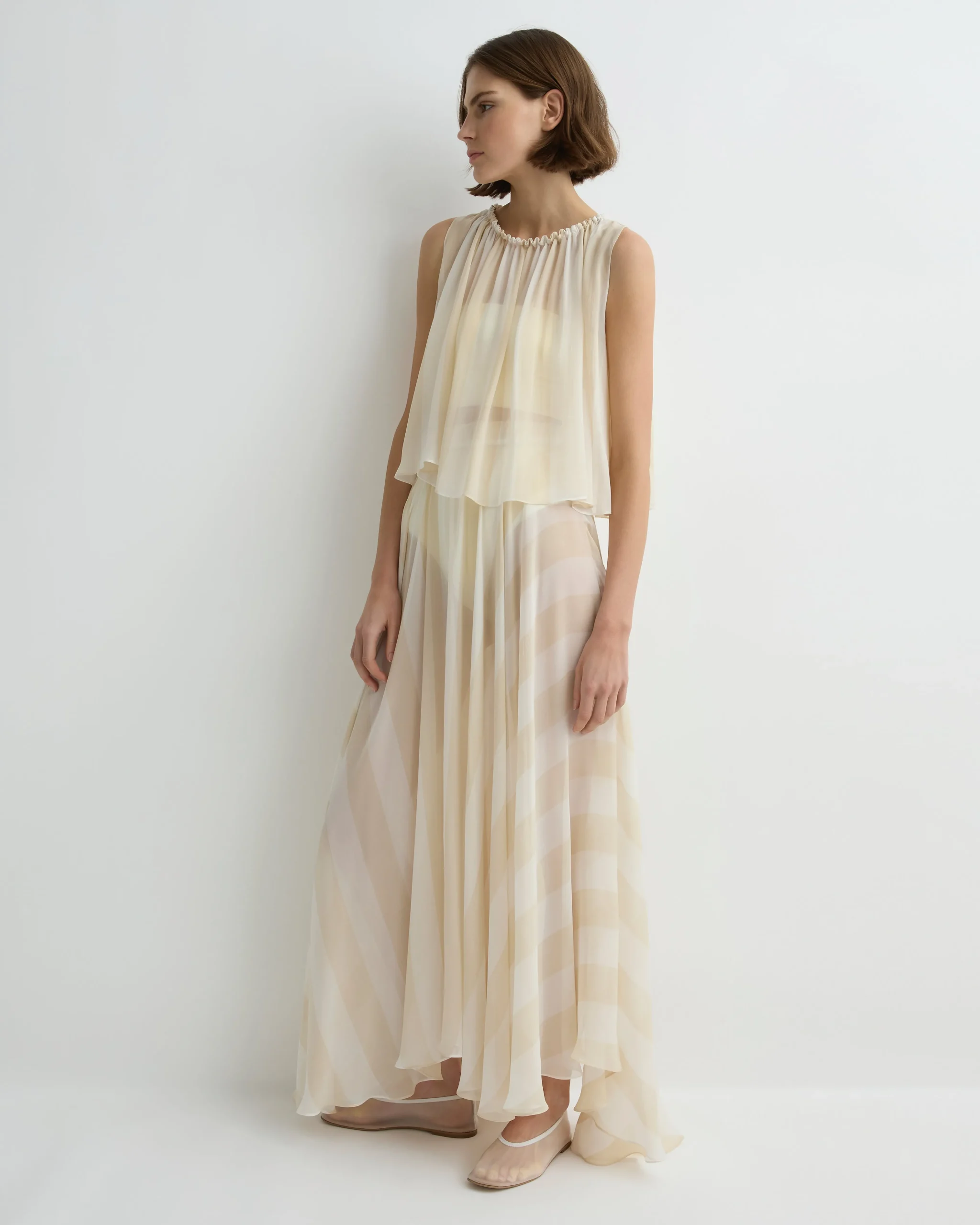 BONDI BORN Tops|Matching Separates*Capri Silk Gathered Top - Ecru Stripe ecru-stripe