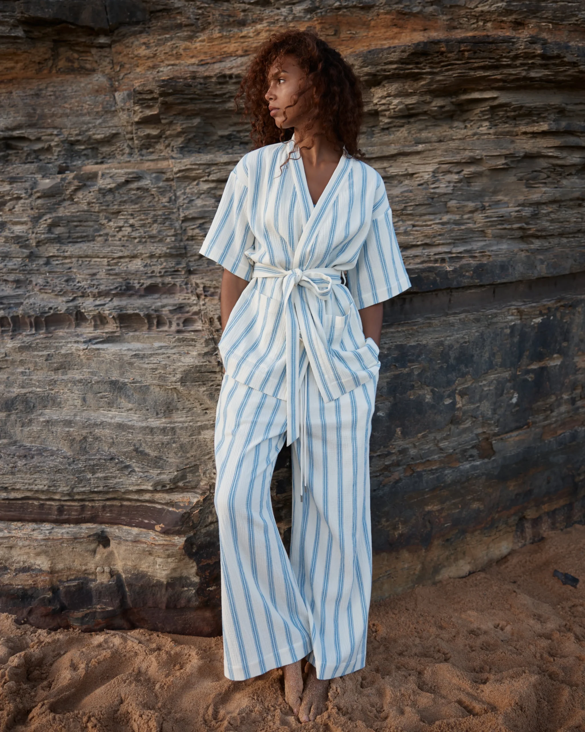 BONDI BORN Cover-ups|Dresses*Finn Wrap Tunic - Dusk Stripe