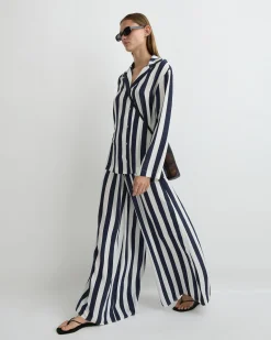 BONDI BORN Tops|Matching Separates*Orta Silk Long Sleeve Blouse - Navy Stripe